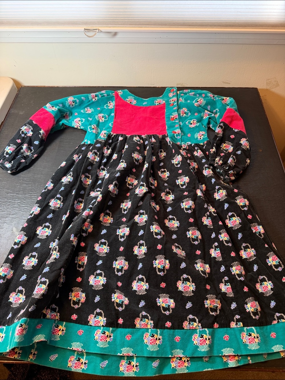 Mousefeathers Vintage 80s 90s Teal Pink Black Corduroy Cottagecore Dress size 8